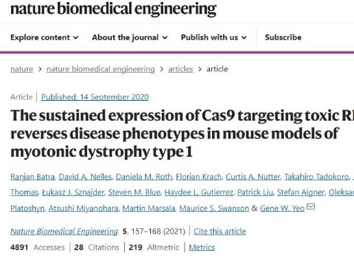 Publication: The Sustained Expression of Cas9 Targeting Toxic RNAs Reverses Disease Phenotypes in Mouse Models of Myotonic Dystrophy Type 1